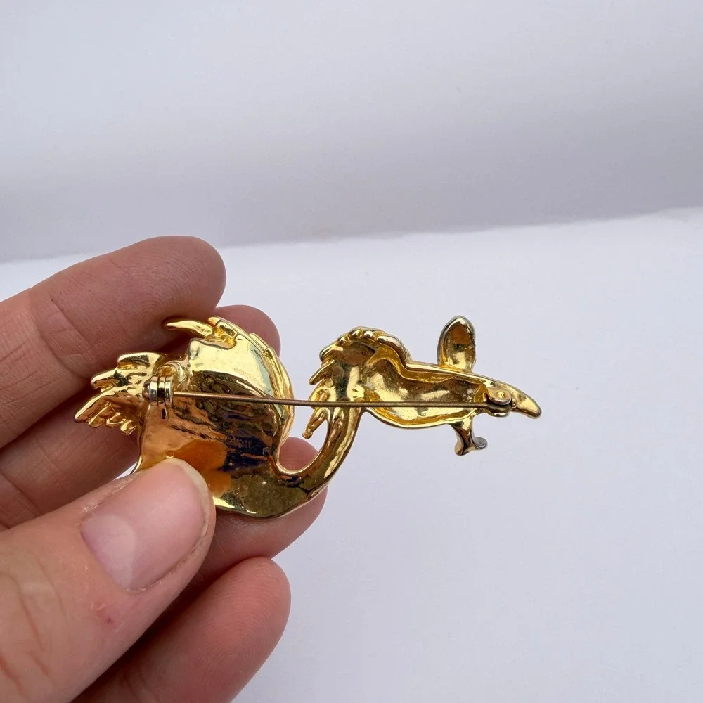 Pelican Bird Shaped Brooch Gold Tone Faux Pearl Rhinestone Fish Whimsical